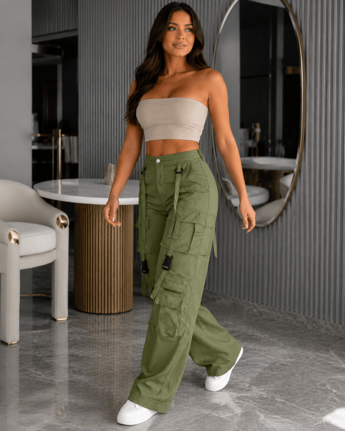Women's Vintage Wide Leg Cargo Trousers – Multi Pocket Drawstring Utility Pants