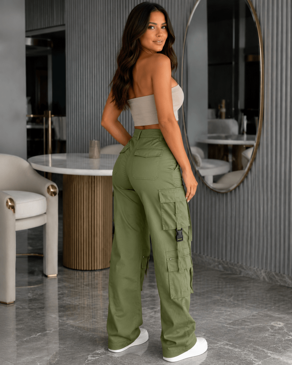 Women's Vintage Wide Leg Cargo Trousers – Multi Pocket Drawstring Utility Pants