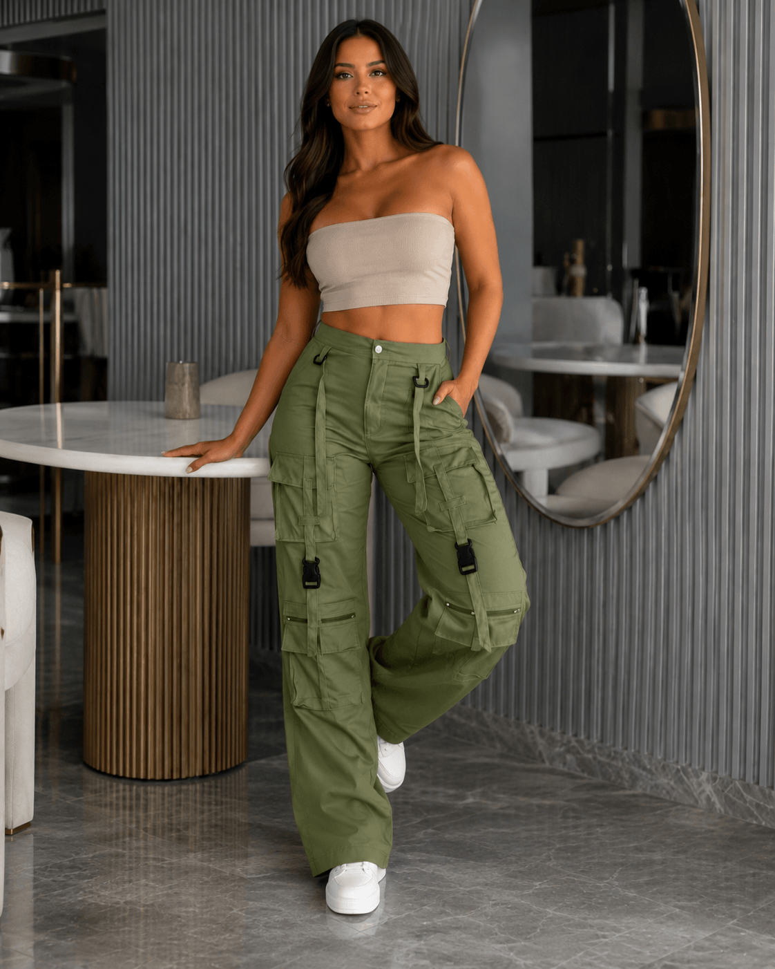 Women's Vintage Wide Leg Cargo Trousers – Multi Pocket Drawstring Utility Pants