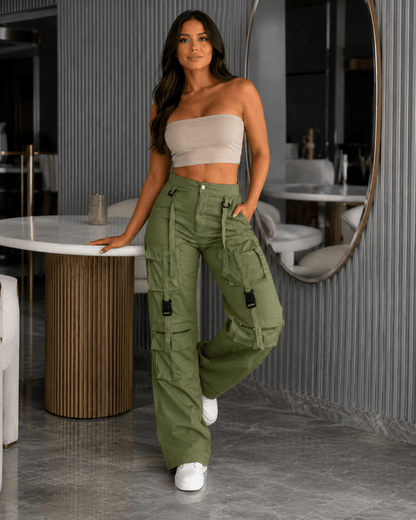 Women's Vintage Wide Leg Cargo Trousers – Multi Pocket Drawstring Utility Pants