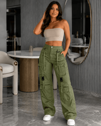 Women's Vintage Wide Leg Cargo Trousers – Multi Pocket Drawstring Utility Pants