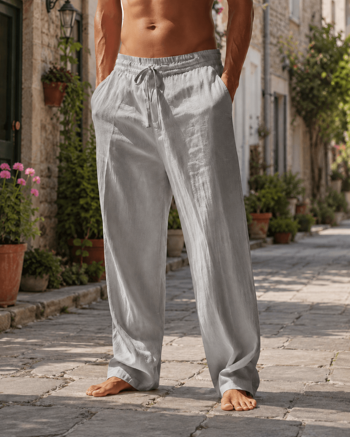 Men’s Grey Linen Straight Leg Chino Trousers with Pleated Waist