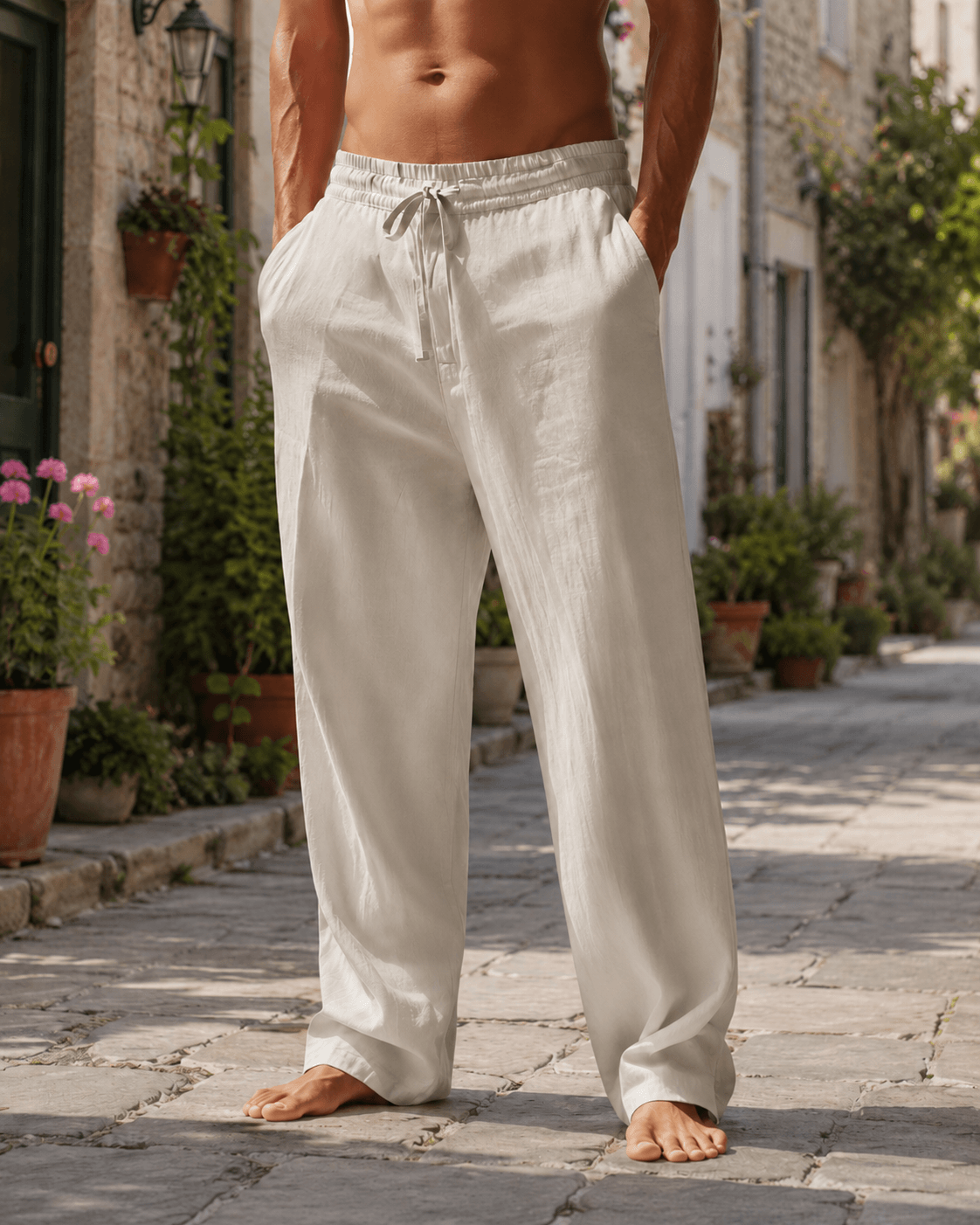 Men’s Grey Linen Straight Leg Chino Trousers with Pleated Waist