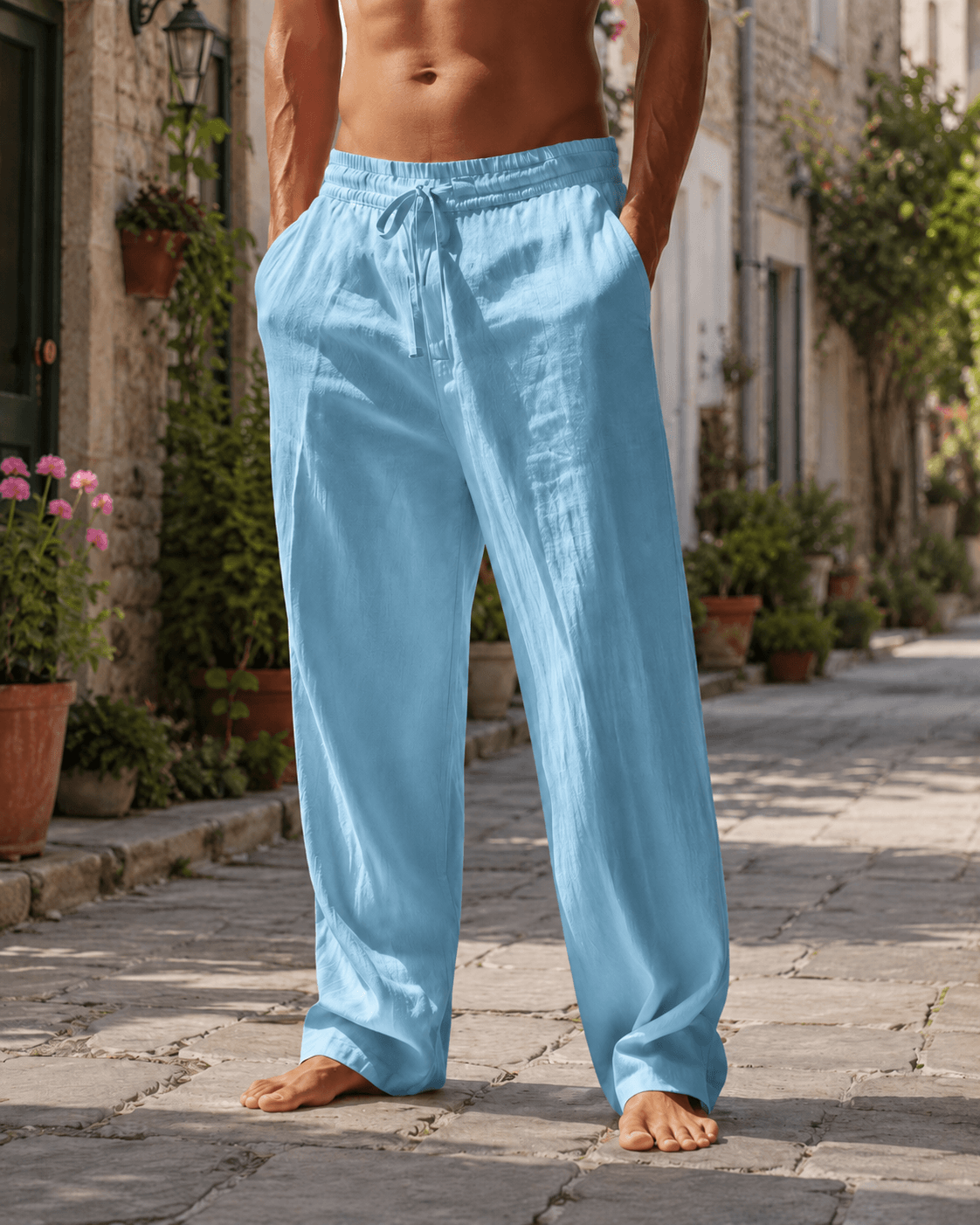 Men’s Grey Linen Straight Leg Chino Trousers with Pleated Waist