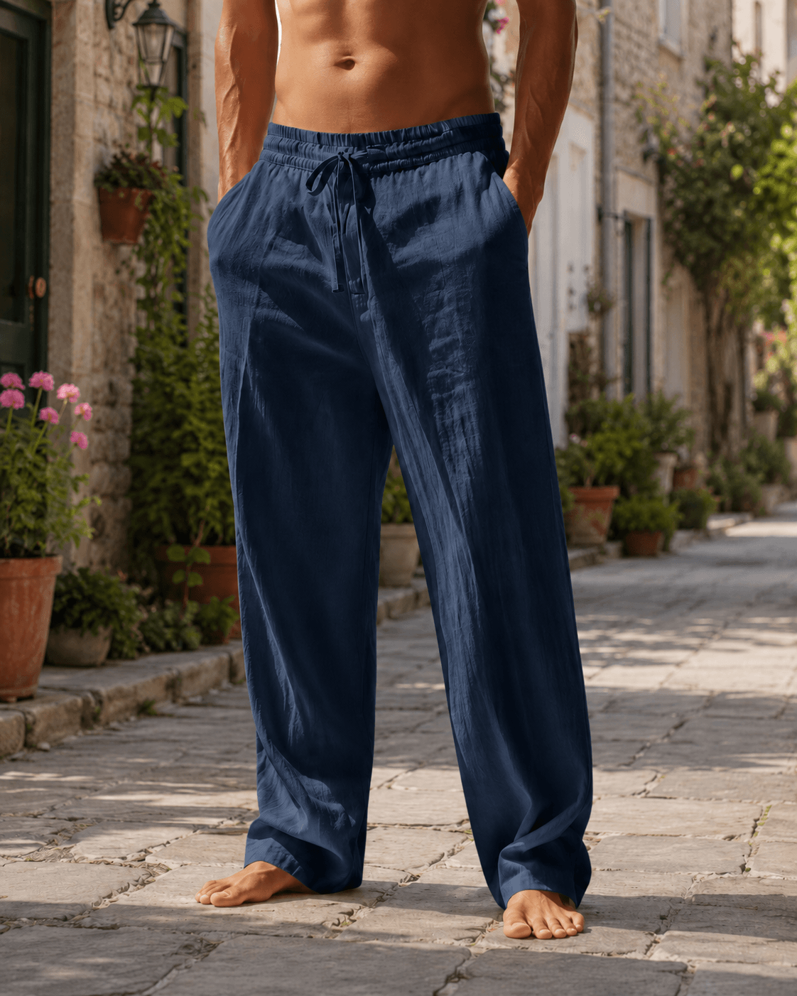 Men’s Grey Linen Straight Leg Chino Trousers with Pleated Waist