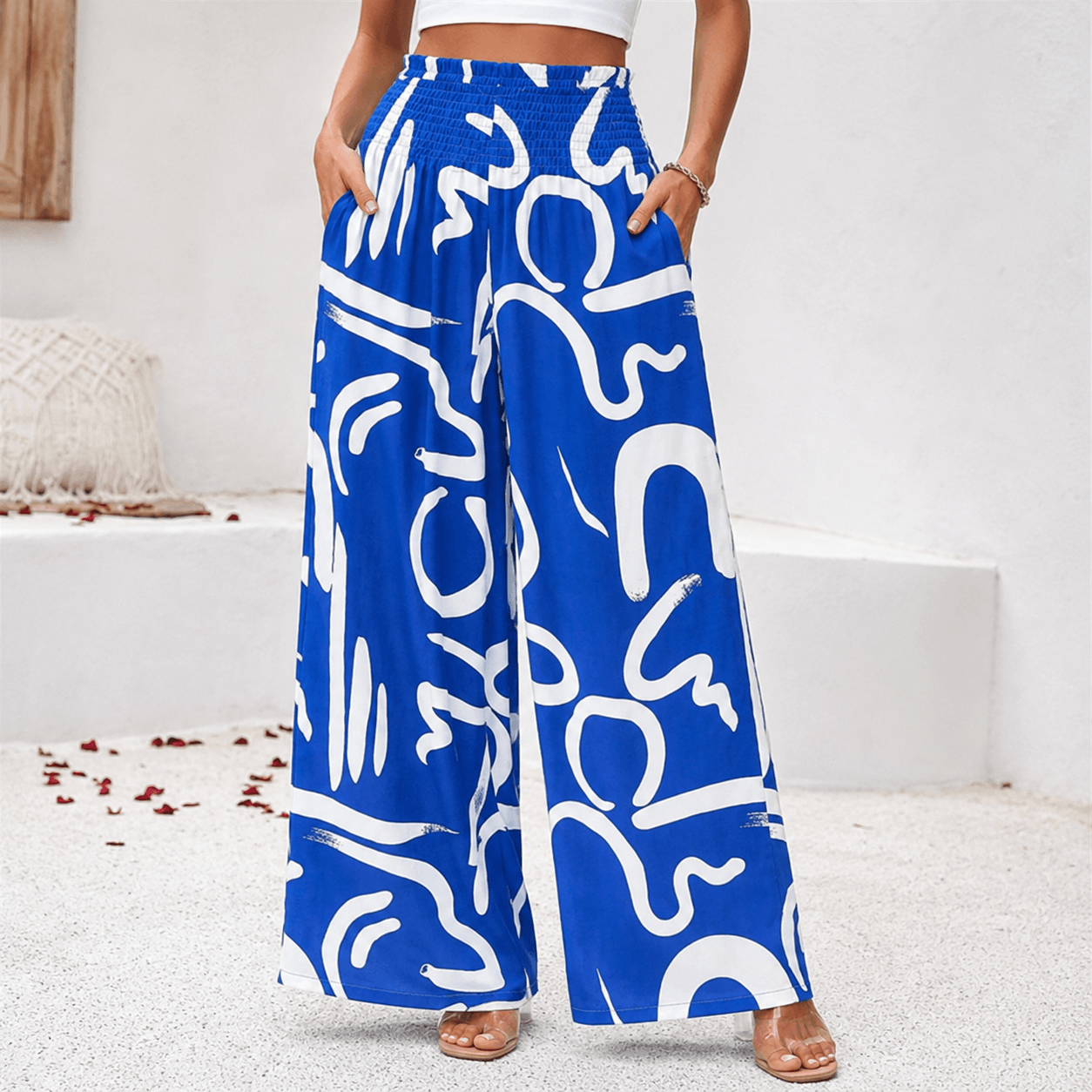 Women’s Printed Wide Leg Trousers with Elastic Waist and Loose Fit