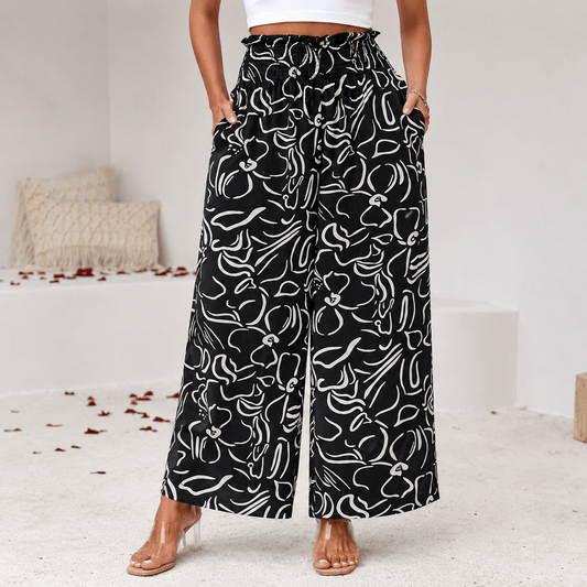 Women’s Printed Wide Leg Trousers with Elastic Waist and Loose Fit