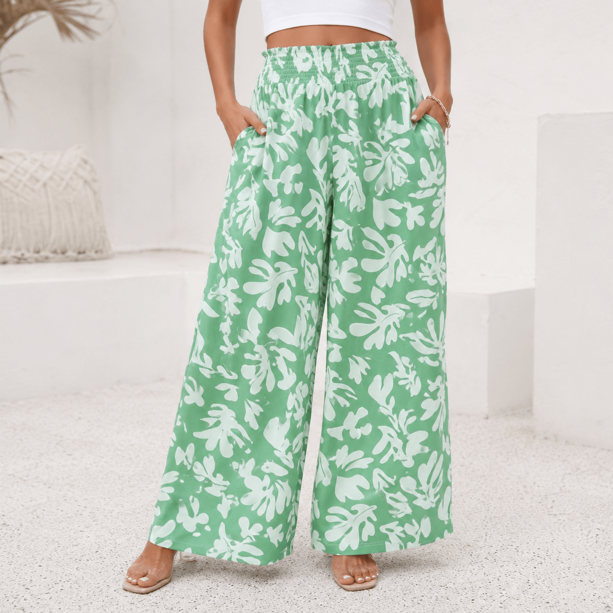 Women’s Printed Wide Leg Trousers with Elastic Waist and Loose Fit