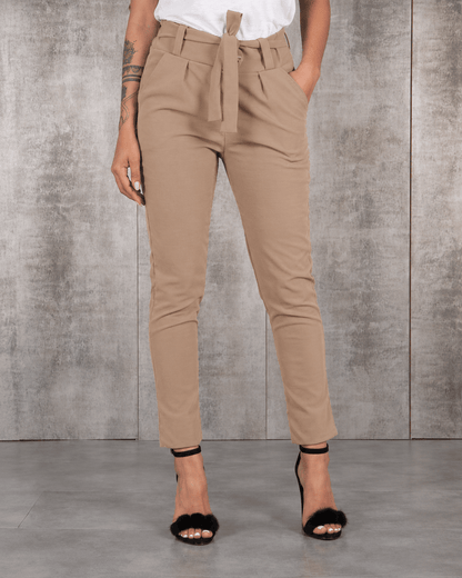 Women’s Straight Leg Casual Trousers with Elastic Waist, Drawstring and Belt
