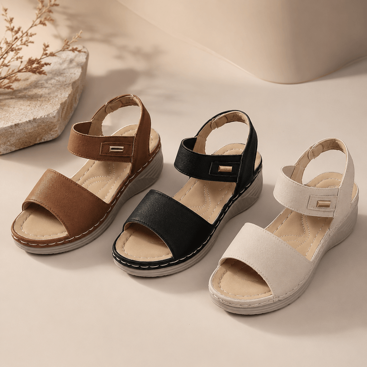 Women’s Open Toe Wedge Sandals with Wide Straps and Platform Sole