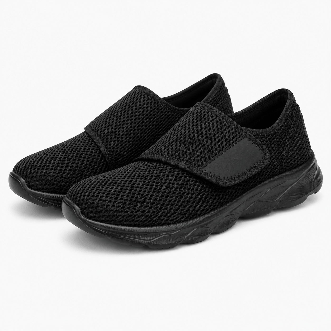 Women’s Black Wide Fit Slip On Walking Shoes with Hook and Loop Strap