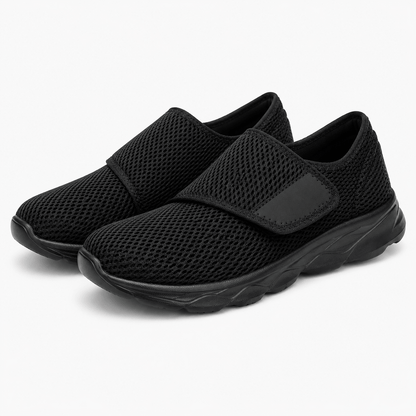 Women’s Black Wide Fit Slip On Walking Shoes with Hook and Loop Strap