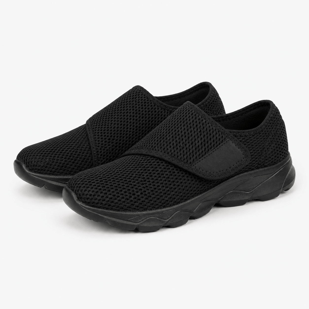 Women’s Black Wide Fit Slip On Walking Shoes with Hook and Loop Strap