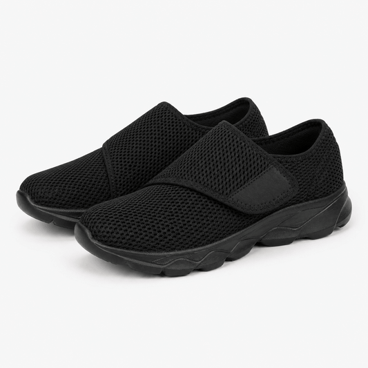 Women’s Black Wide Fit Slip On Walking Shoes with Hook and Loop Strap
