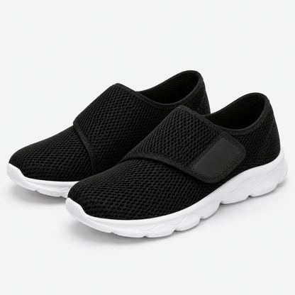 Women’s Black Wide Fit Slip On Walking Shoes with Hook and Loop Strap