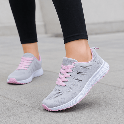 Women’s White Mesh Walking Trainers with Lace Up Closure and Flat Rubber Sole