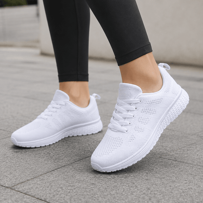 Women’s White Mesh Walking Trainers with Lace Up Closure and Flat Rubber Sole