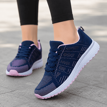 Women’s White Mesh Walking Trainers with Lace Up Closure and Flat Rubber Sole