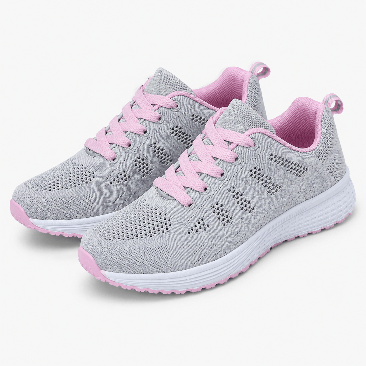 Women’s White Mesh Walking Trainers with Lace Up Closure and Flat Rubber Sole
