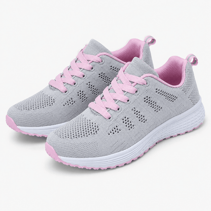 Women’s White Mesh Walking Trainers with Lace Up Closure and Flat Rubber Sole