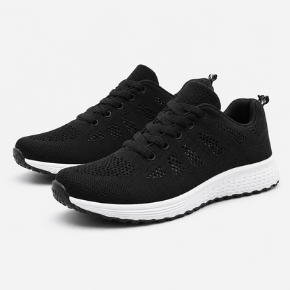 Women’s White Mesh Walking Trainers with Lace Up Closure and Flat Rubber Sole