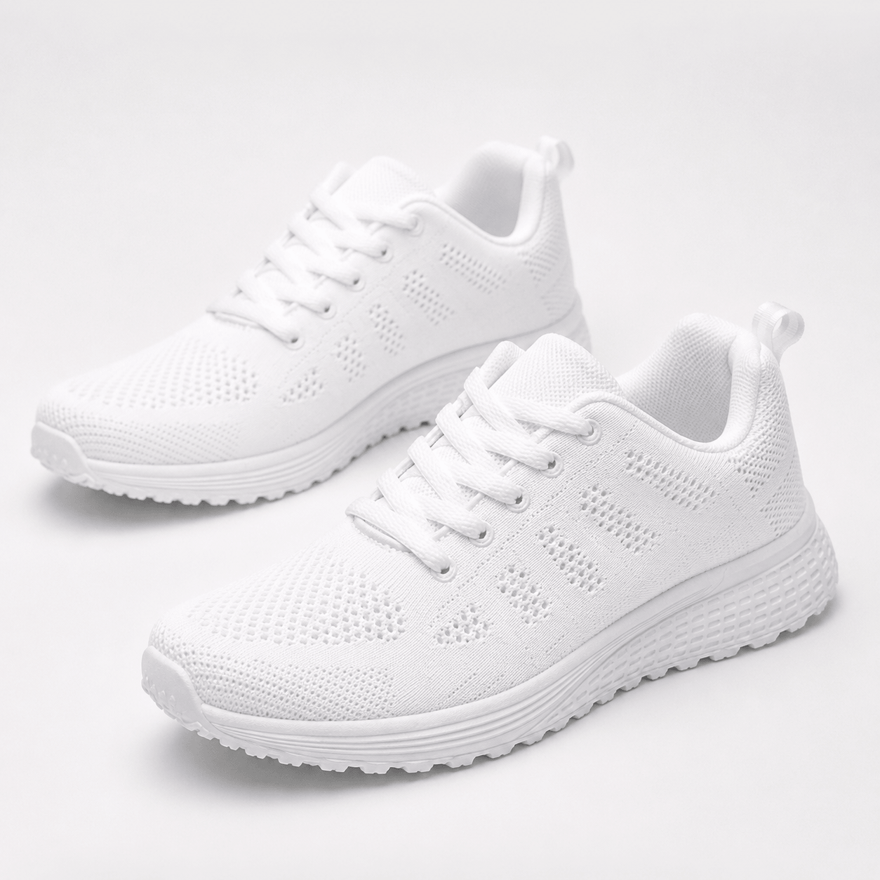Women’s White Mesh Walking Trainers with Lace Up Closure and Flat Rubber Sole