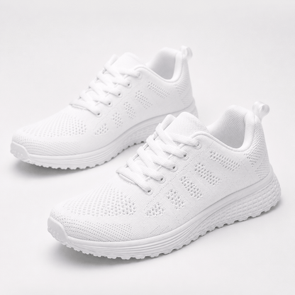 Women’s White Mesh Walking Trainers with Lace Up Closure and Flat Rubber Sole
