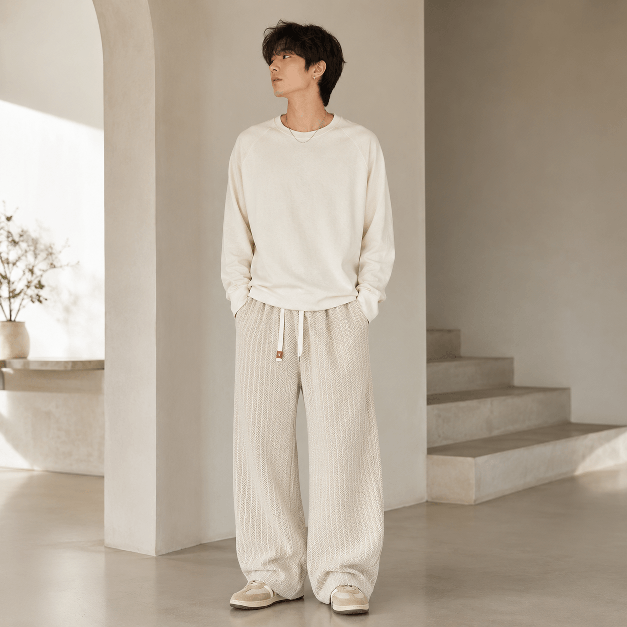 Men’s Plus Size Grey Striped Wide Leg Corduroy Trousers with Elastic Waist