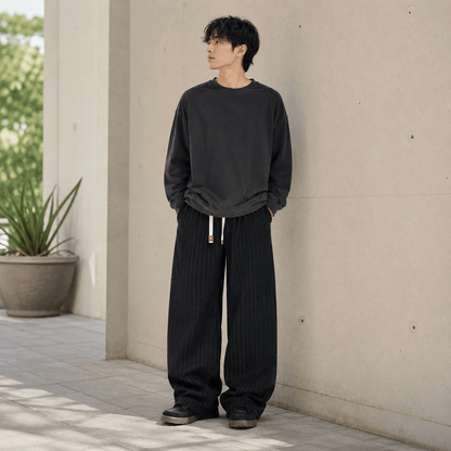 Men’s Plus Size Grey Striped Wide Leg Corduroy Trousers with Elastic Waist