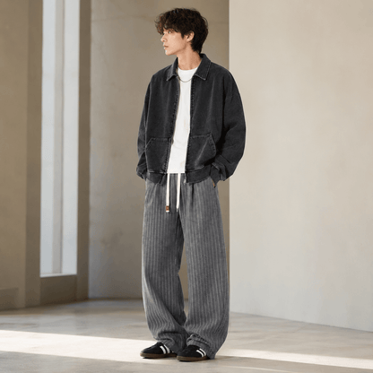Men’s Plus Size Grey Striped Wide Leg Corduroy Trousers with Elastic Waist