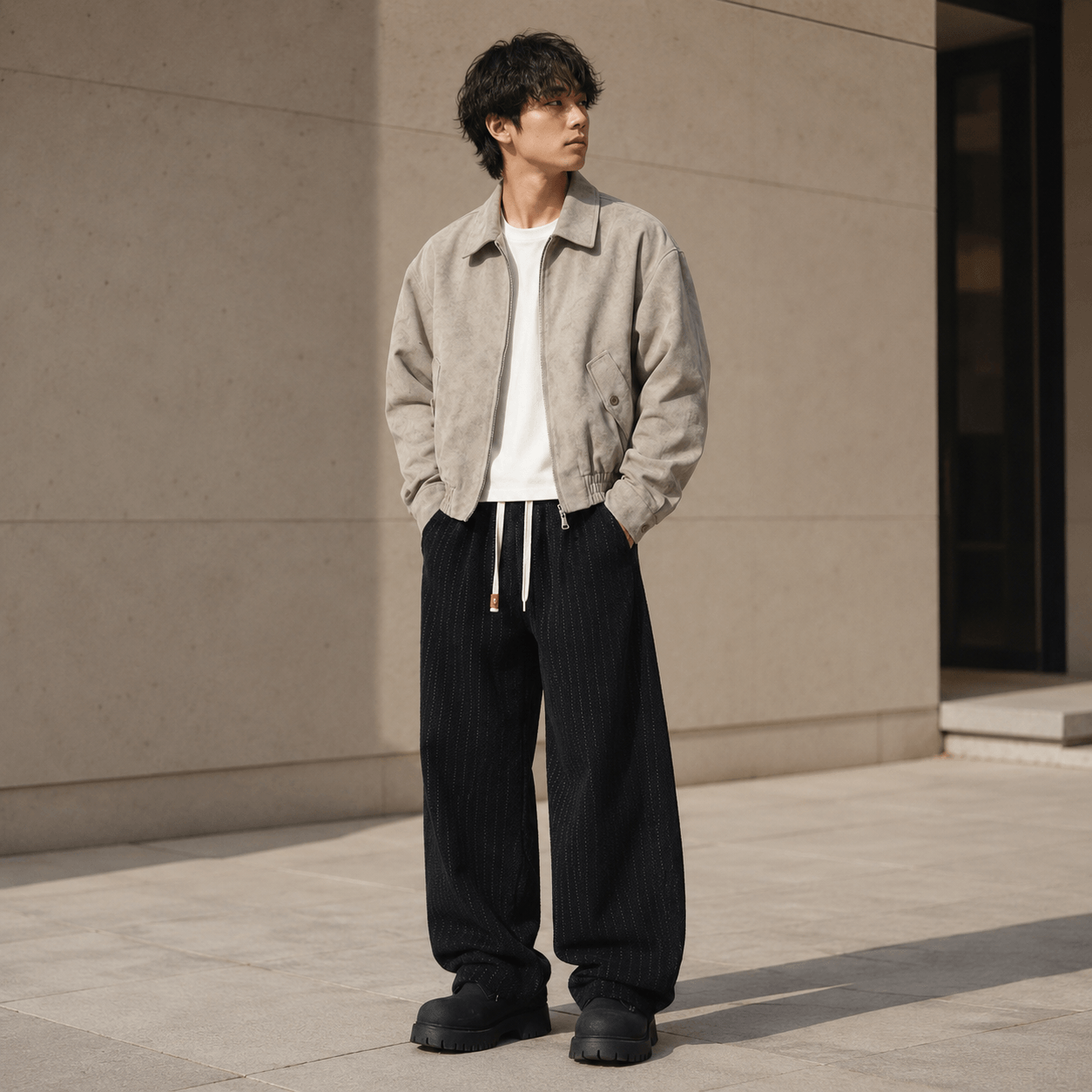 Men’s Plus Size Grey Striped Wide Leg Corduroy Trousers with Elastic Waist
