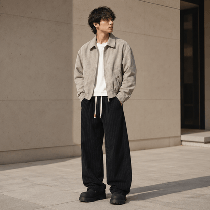 Men’s Plus Size Grey Striped Wide Leg Corduroy Trousers with Elastic Waist
