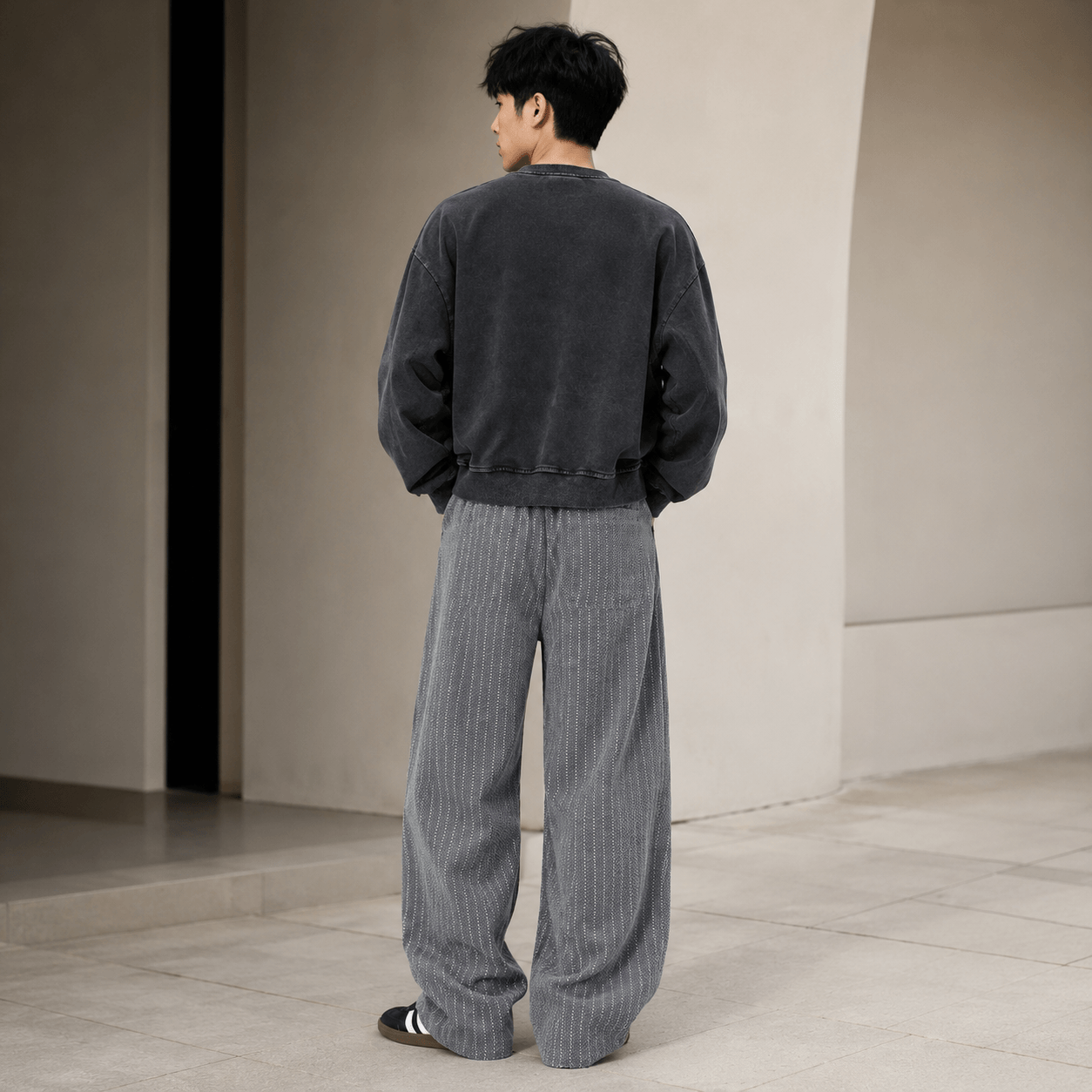 Men’s Plus Size Grey Striped Wide Leg Corduroy Trousers with Elastic Waist