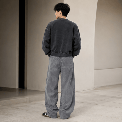 Men’s Plus Size Grey Striped Wide Leg Corduroy Trousers with Elastic Waist