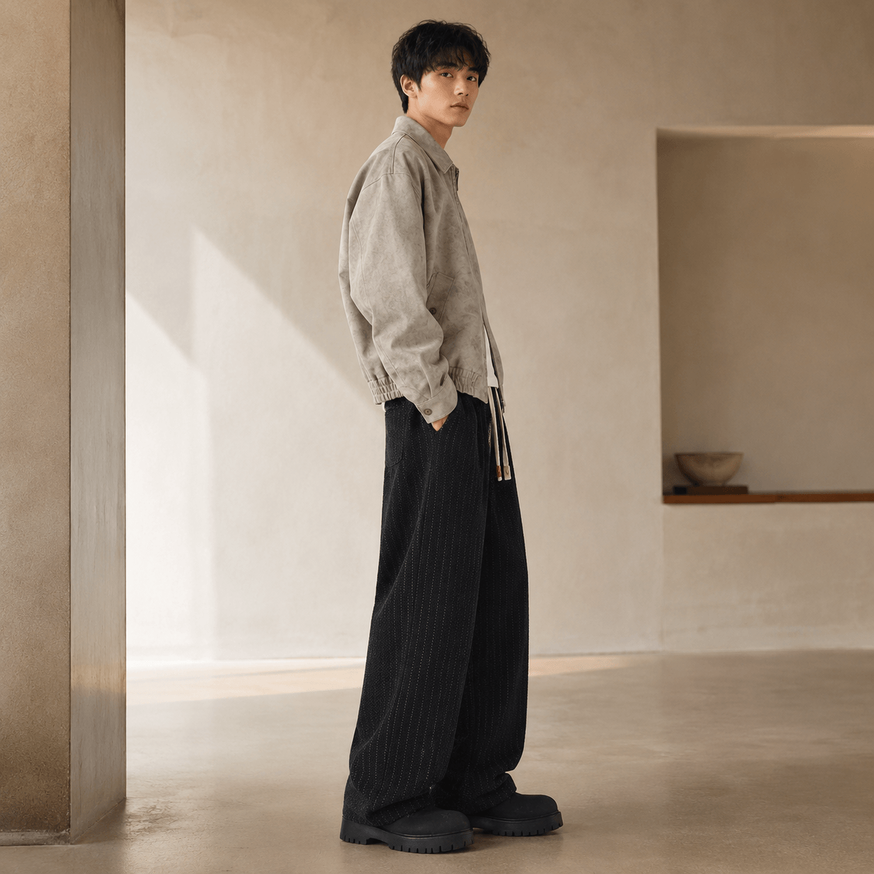 Men’s Plus Size Grey Striped Wide Leg Corduroy Trousers with Elastic Waist