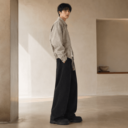 Men’s Plus Size Grey Striped Wide Leg Corduroy Trousers with Elastic Waist