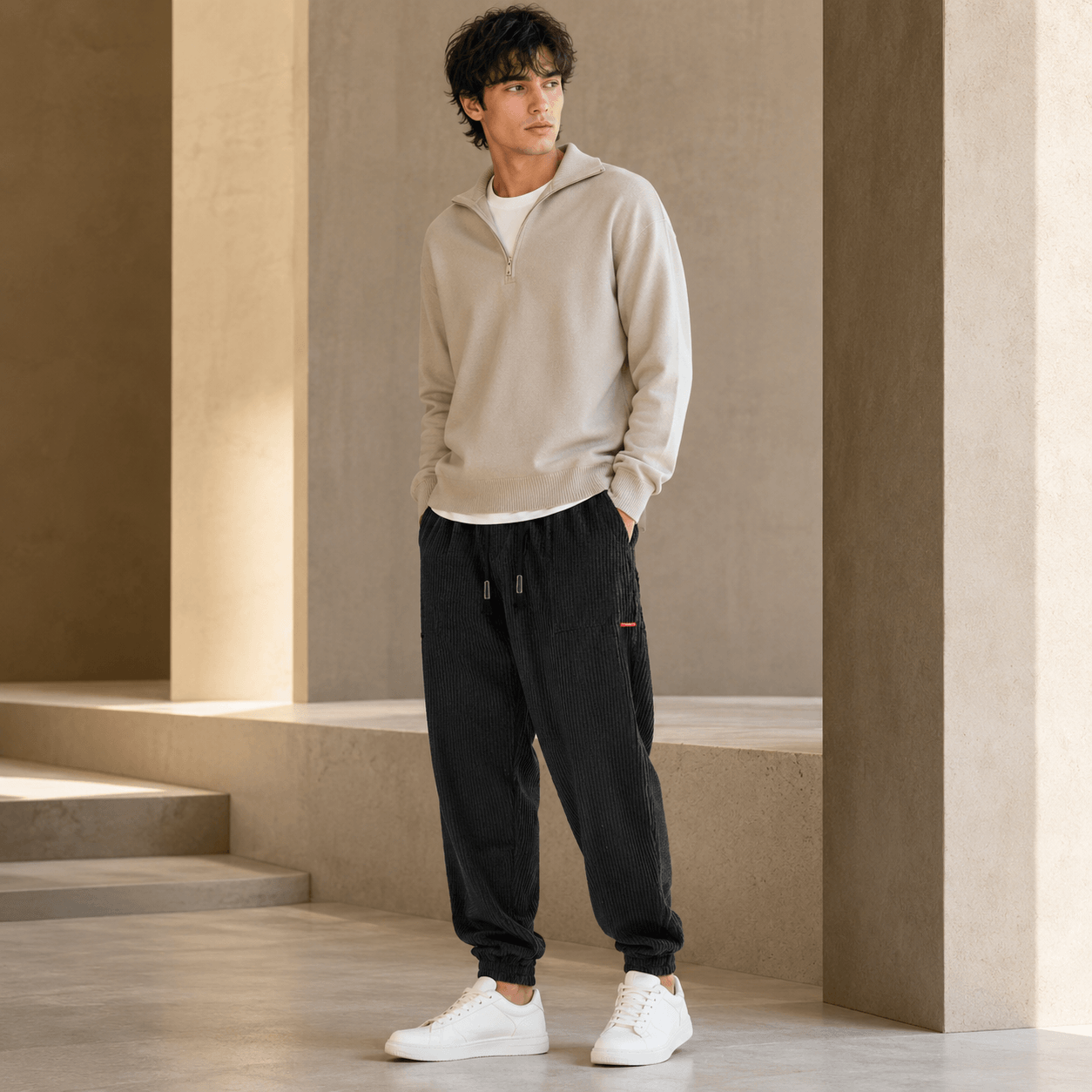 Men’s Navy Corduroy Joggers with Elastic Cuffs, Drawstring Waist and Relaxed Fit