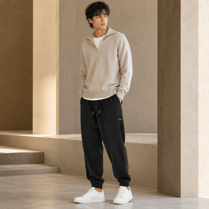 Men’s Navy Corduroy Joggers with Elastic Cuffs, Drawstring Waist and Relaxed Fit