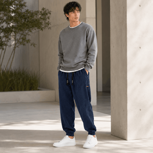 Men’s Navy Corduroy Joggers with Elastic Cuffs, Drawstring Waist and Relaxed Fit