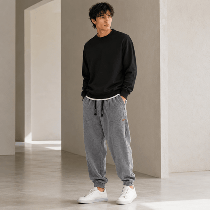 Men’s Navy Corduroy Joggers with Elastic Cuffs, Drawstring Waist and Relaxed Fit