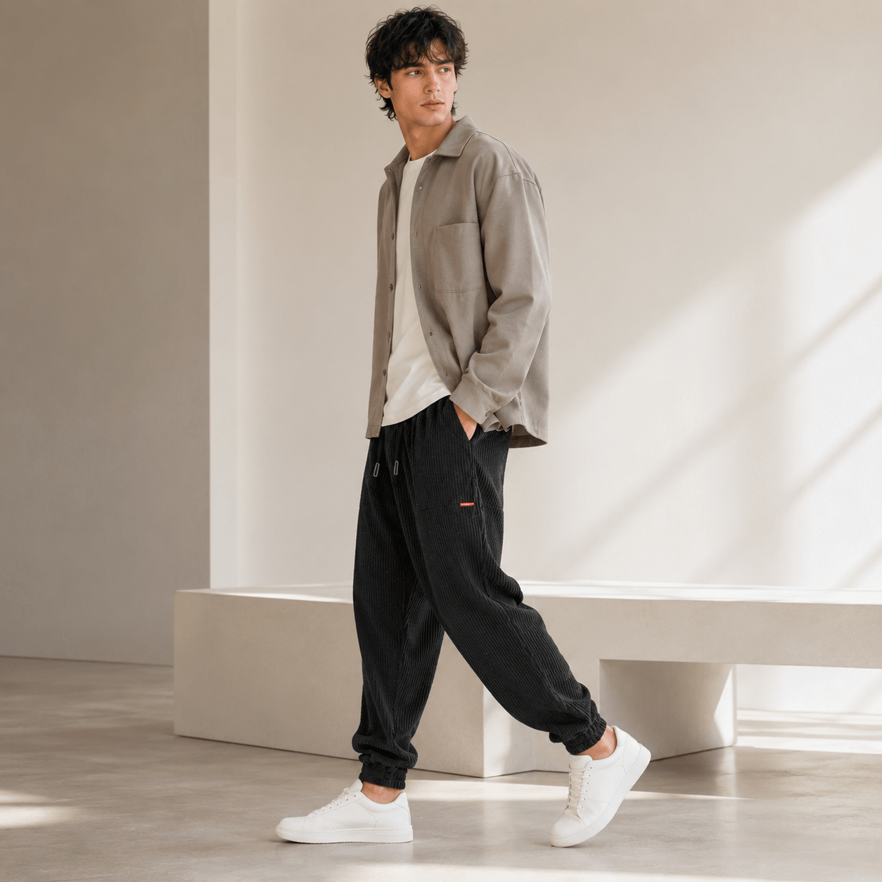 Men’s Navy Corduroy Joggers with Elastic Cuffs, Drawstring Waist and Relaxed Fit