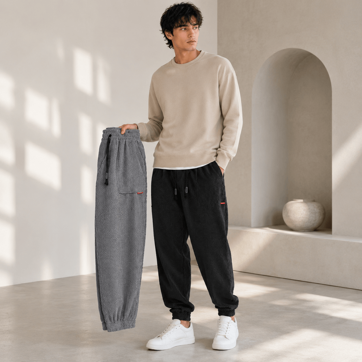 Men’s Navy Corduroy Joggers with Elastic Cuffs, Drawstring Waist and Relaxed Fit