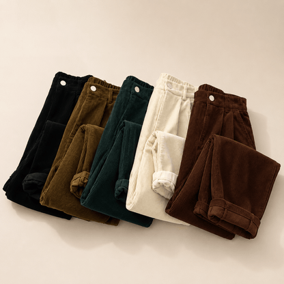Women’s High Waist Corduroy Wide Leg Trousers with Pockets and Button Fly