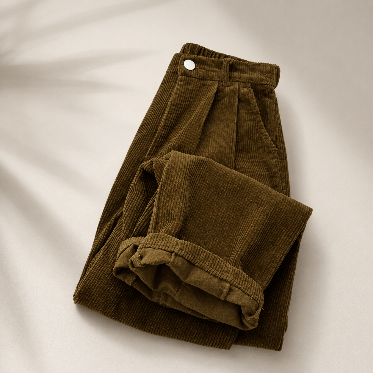 A pair of folded corduroy pants in a dark olive brown color, featuring a button closure and a rolled cuff, laid flat on a light beige background with soft leaf shadows.