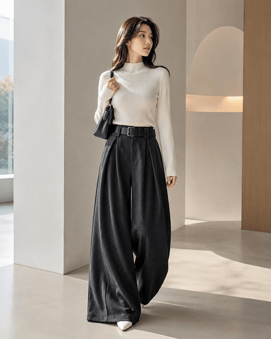 Women’s Grey Woolen Wide Leg Trousers with Belt, Pleated Front and Fleece Lining