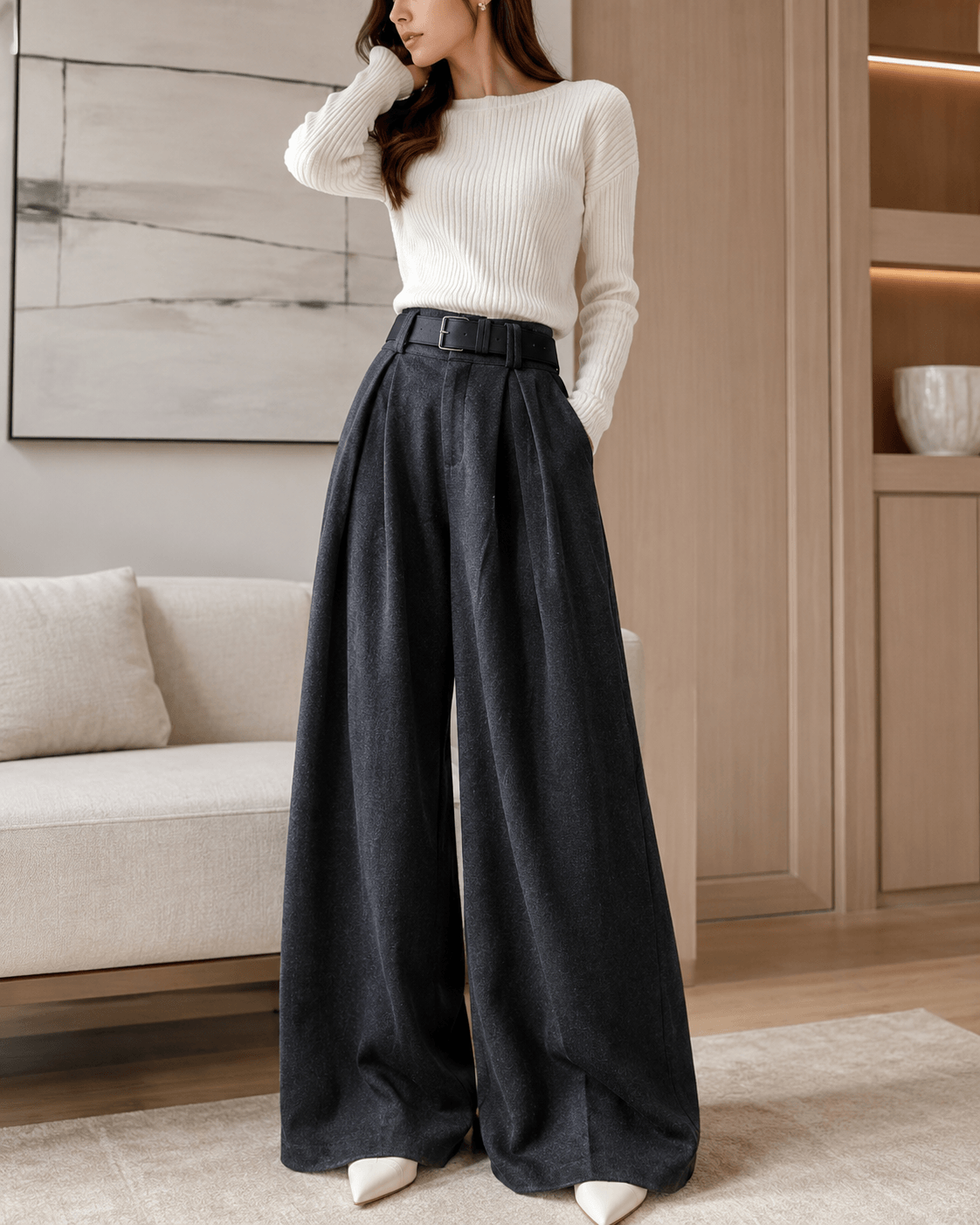 Women’s Grey Woolen Wide Leg Trousers with Belt, Pleated Front and Fleece Lining