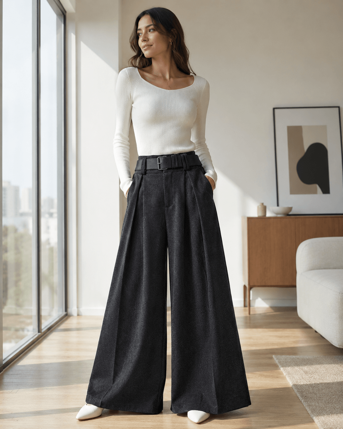 Women’s Grey Woolen Wide Leg Trousers with Belt, Pleated Front and Fleece Lining