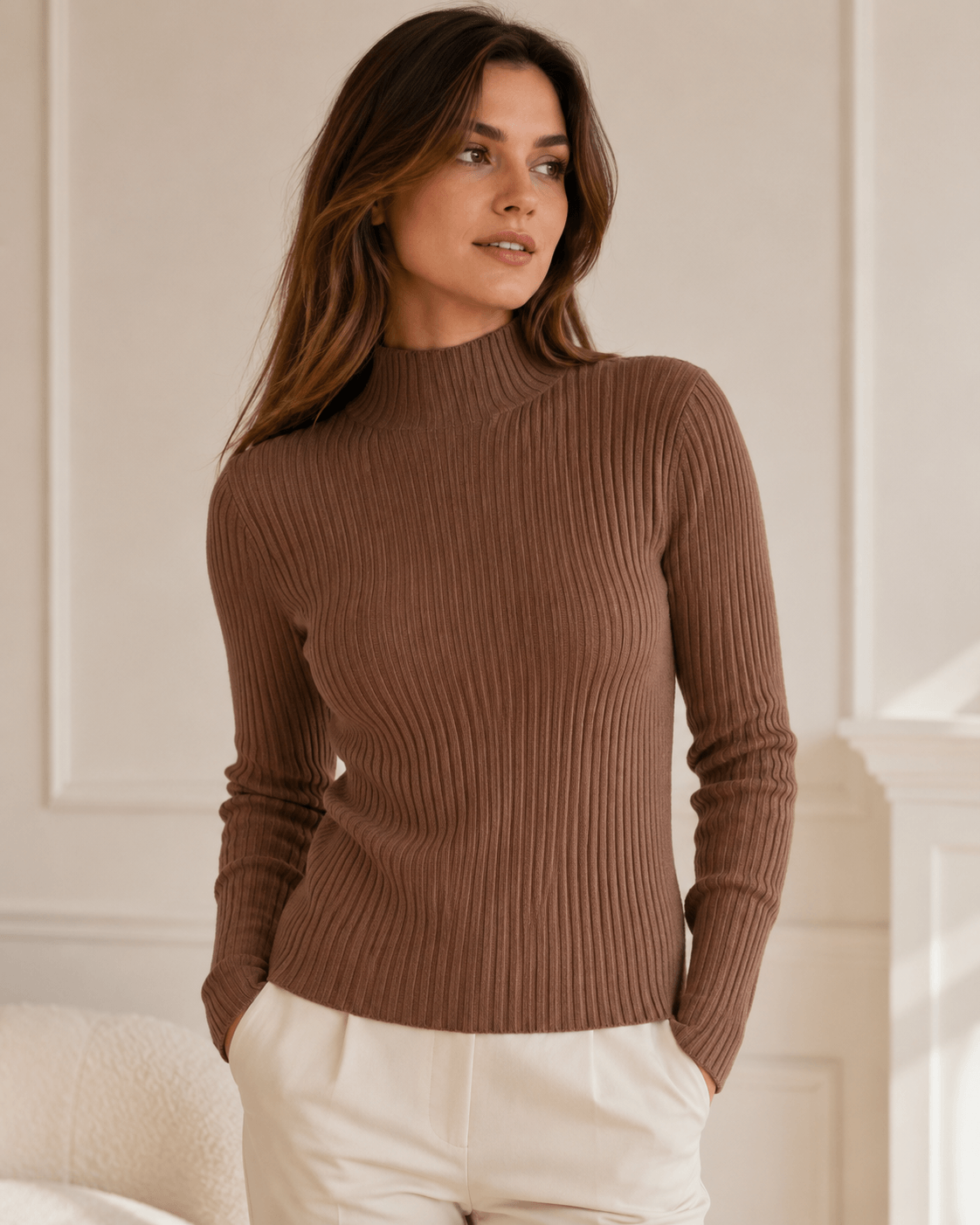 Women’s Slim Fit Ribbed Mock Neck Knit Jumper Long Sleeve Pullover
