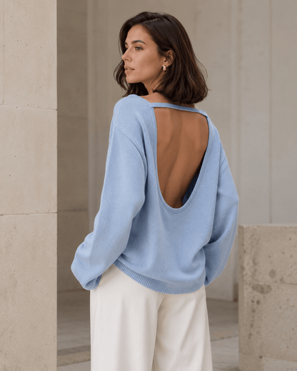 Women’s Cotton Loose Knit Jumper with Open Back, O Neck and Long Sleeves