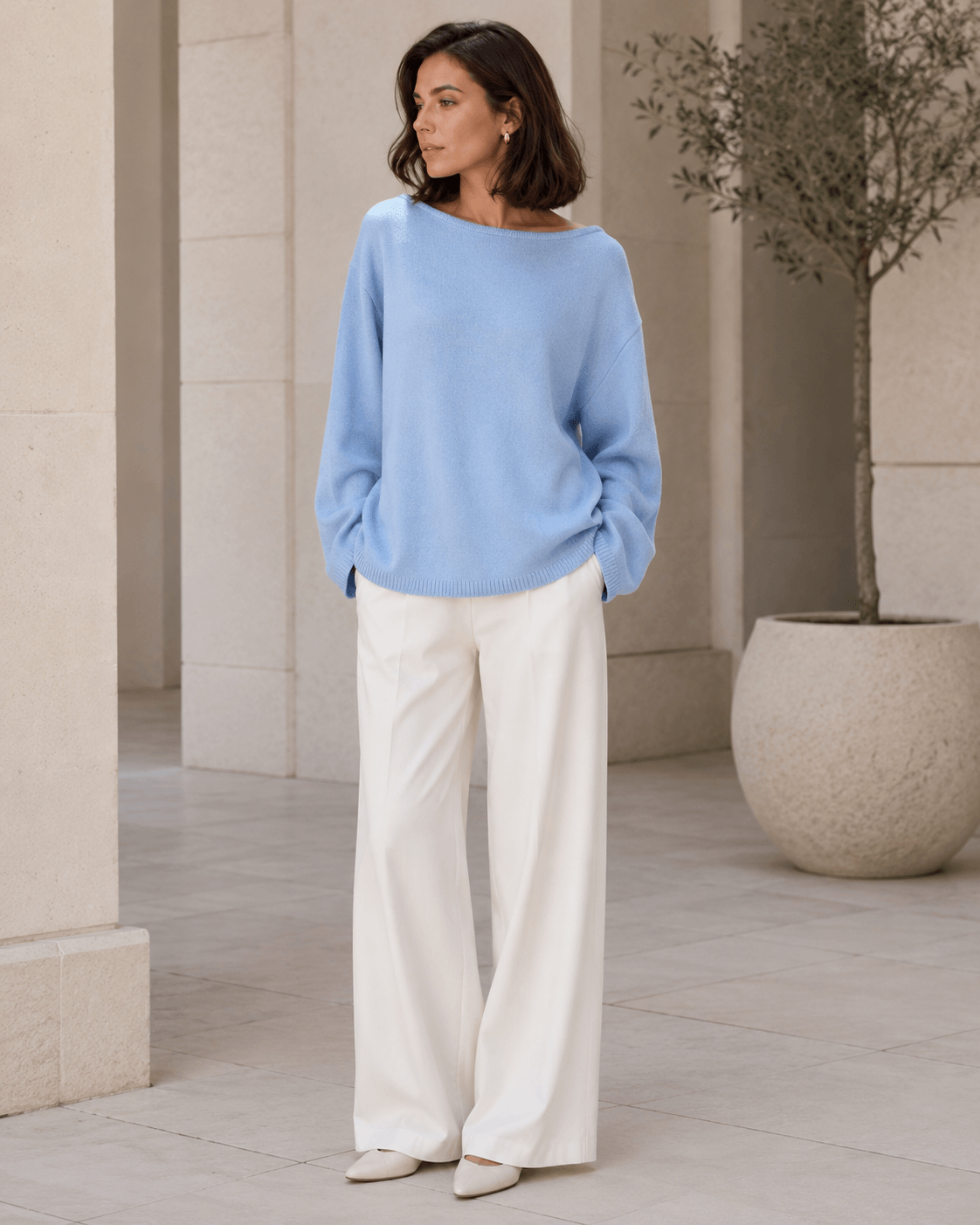 Women’s Cotton Loose Knit Jumper with Open Back, O Neck and Long Sleeves